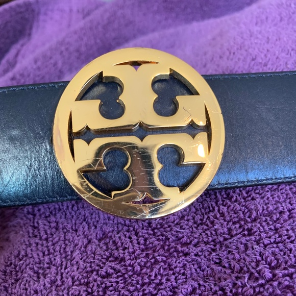 Tory Burch Navy Blue/Multi Stripe Reversible Leather Belt sz M - Picture 2 of 5